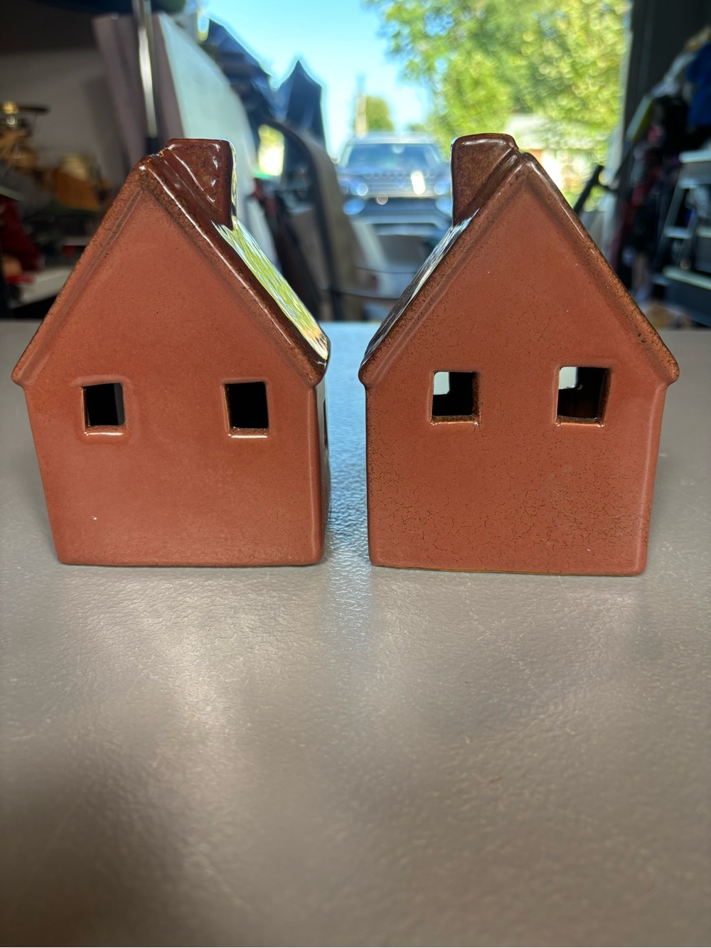 Pair Brown Ceramic Light Up Houses Battery Operated Rustic Home Decor